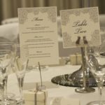 Close up of a name card and place setting at a wedding in The Lakeside Suite at Mercure Hull Grange Park Hotel