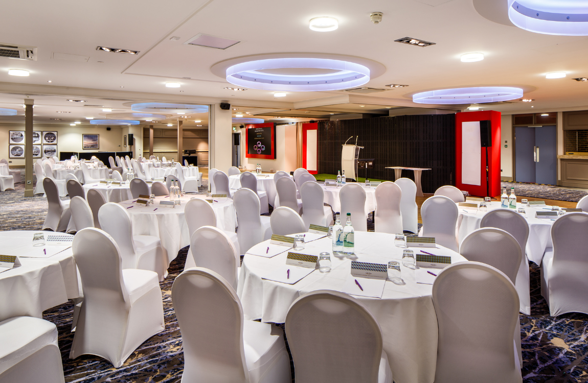Jupiter website - full size images (16) Angled view of The Lakeside Suite at mercure gloucester bowden hall hotel ready for a conference and presentation on the large video screen